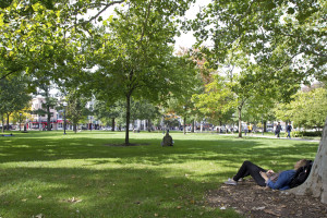 Students relaxing on the meadow at Ann Arbor campus, Michigan, USA