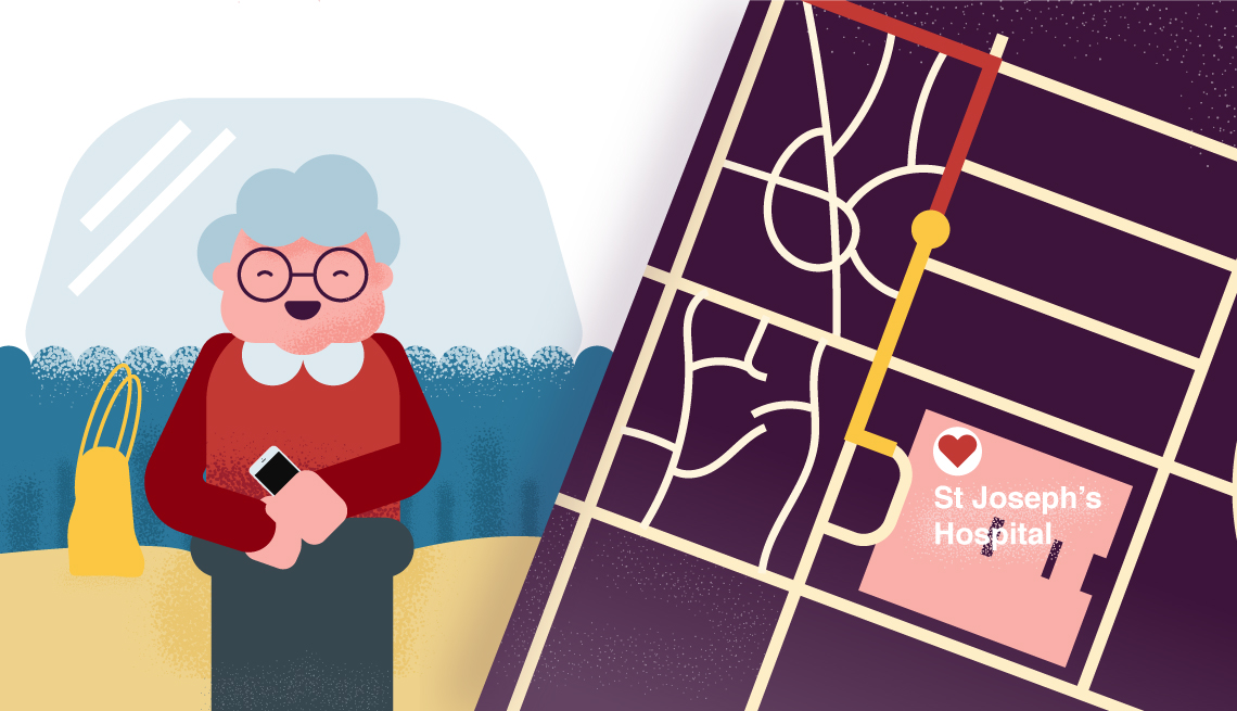 Grandmother near map with hospital shown purple