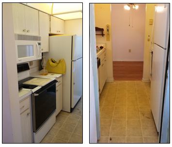 The original kitchen with its old appliances, florescent lighting and cramped spaces.