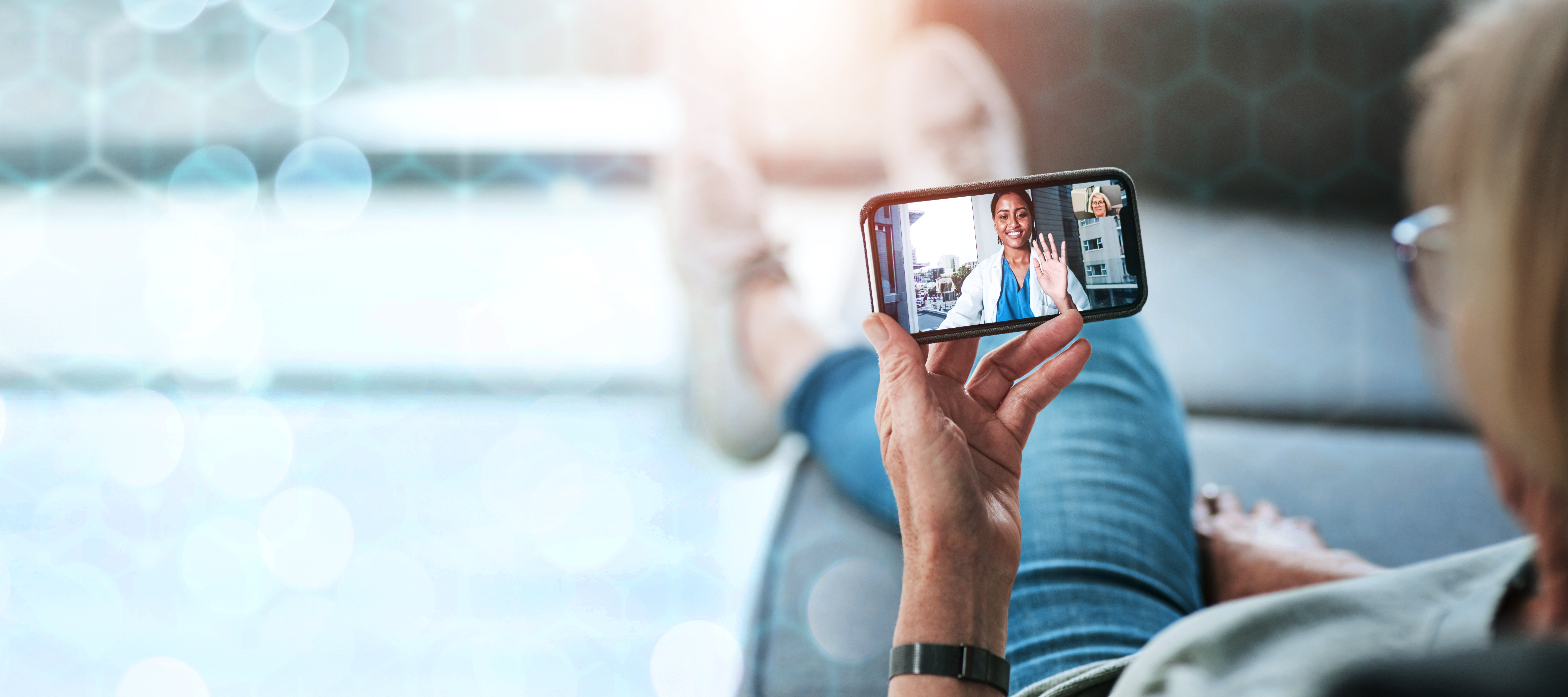 Phone, wave and video call of doctor on banner for webinar, meeting or bokeh on grid overlay. Mobile, hello and medical professional in online consultation, telehealth or happy woman greeting patient