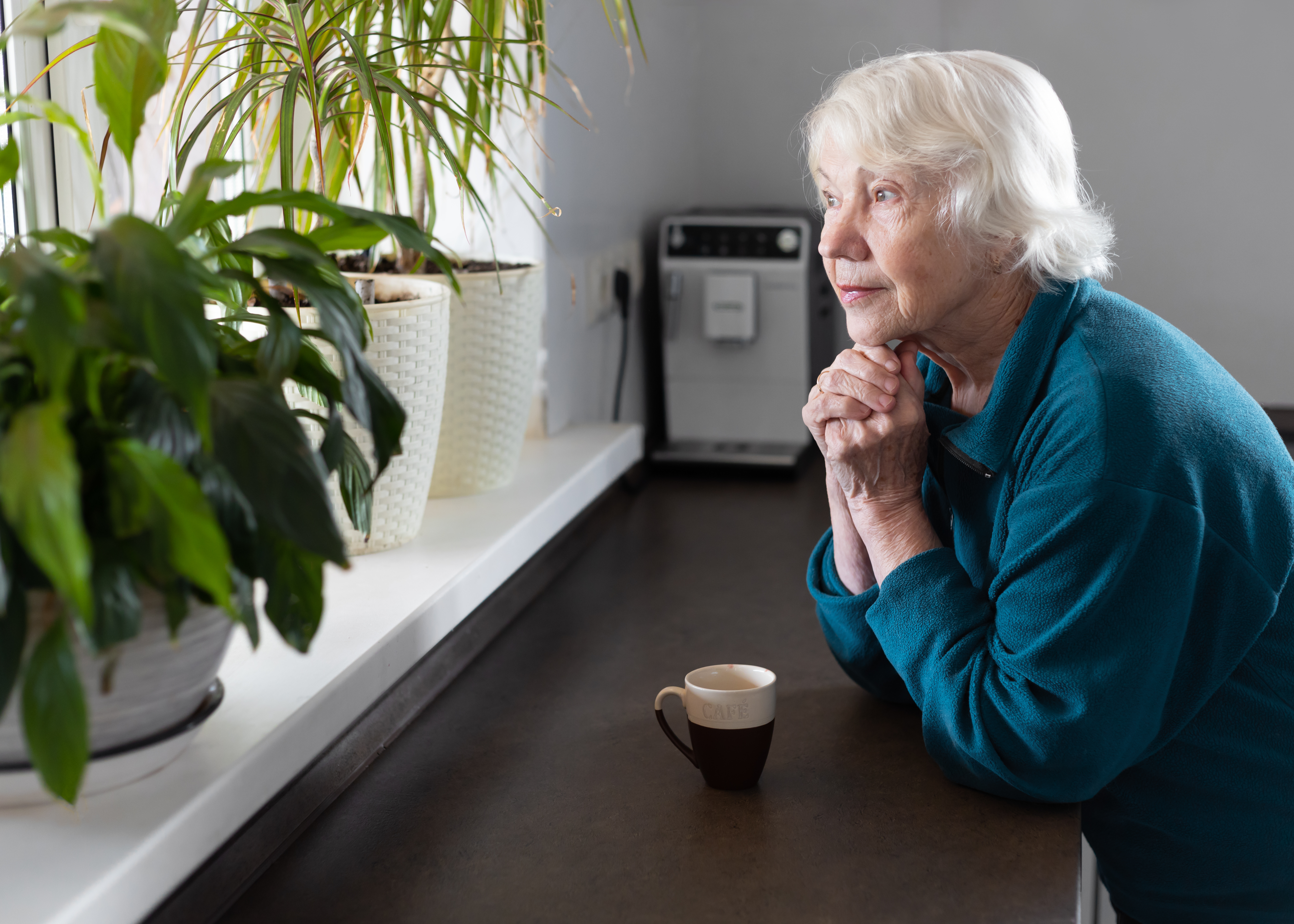 An attractive gray-haired 85-year-old elderly woman drinks espresso in the kitchen and looks out the window.