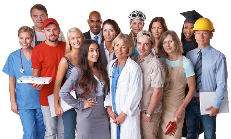 A full length studio shot of a diverse group of adults from various occupations