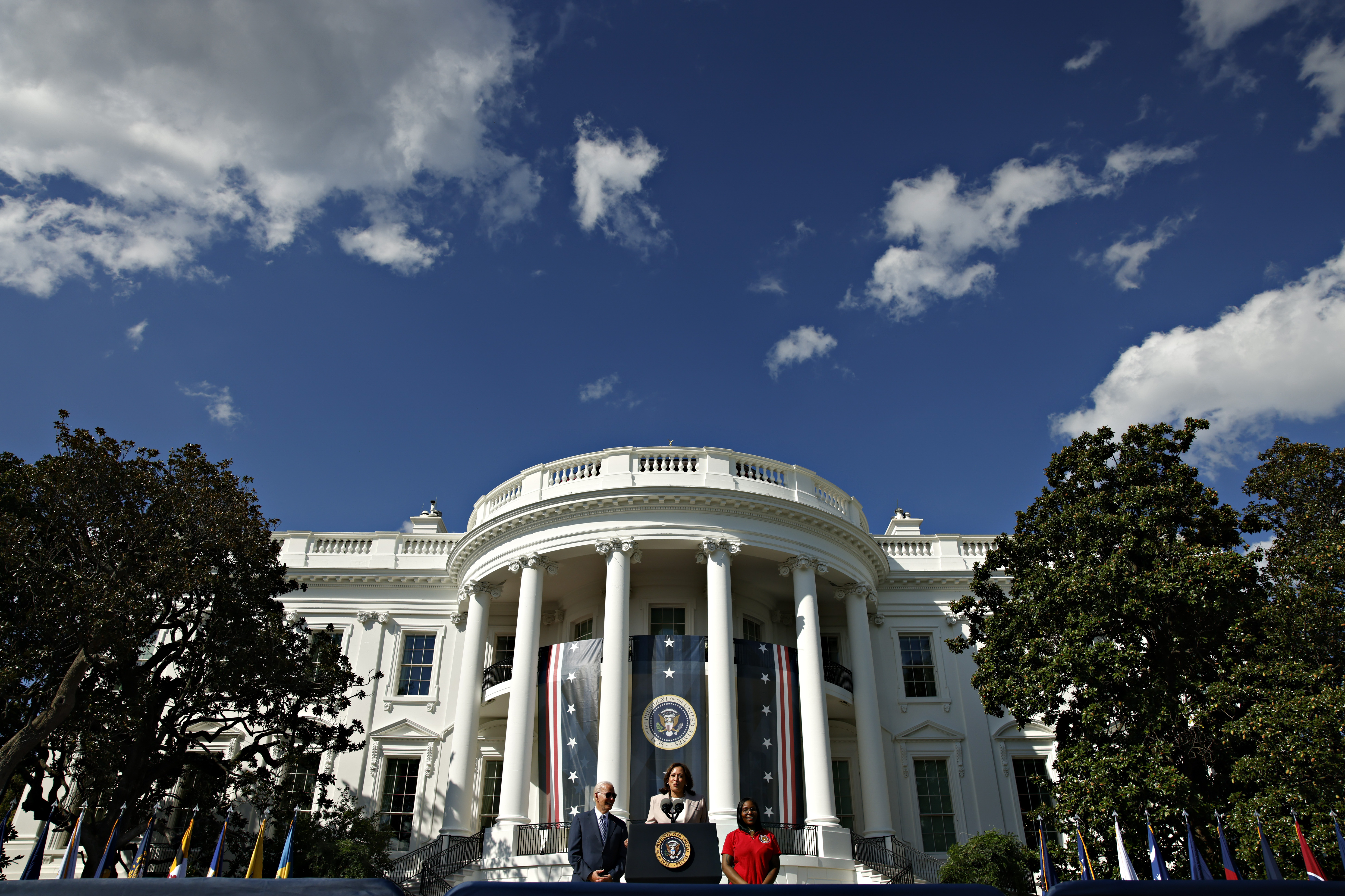 Vice President Kamala Harris and President Joe Biden attend an Inflation Reduction Act event at the White House on Tuesday, Sept. 13.