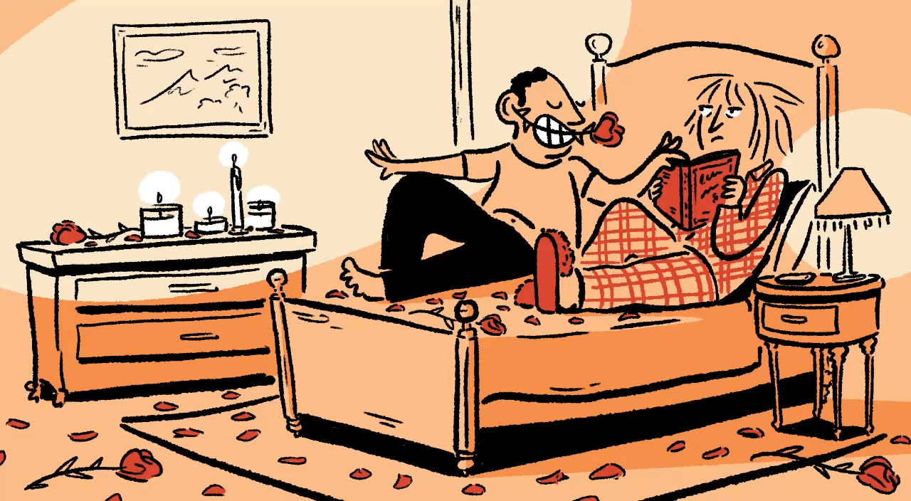 gif illustration of husband trying to excite wife in bedroom