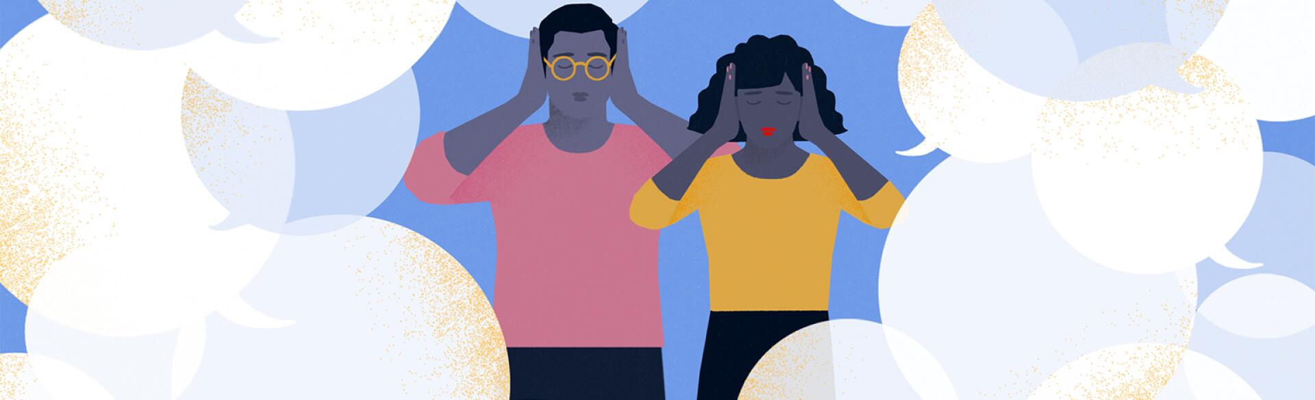 illustration of couple covering their ears to block out comments from people