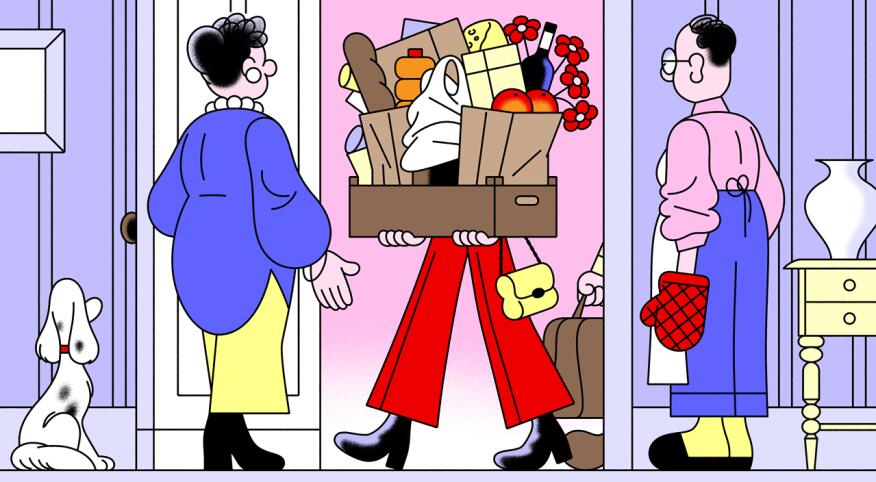 illustration of woman holding a big box with items for hosting people