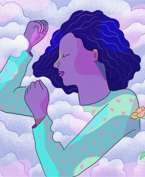 illustration of woman sleeping amongst the clouds