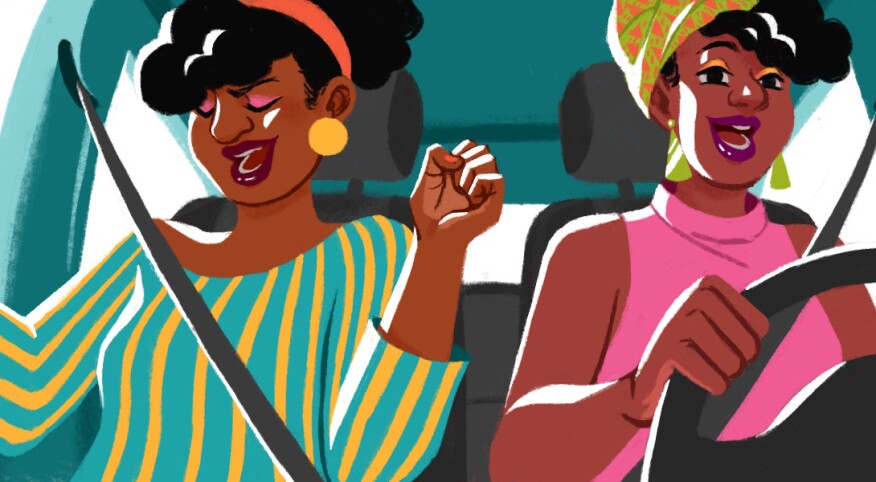 illustration of two black ladies singing in the car spotify playlist