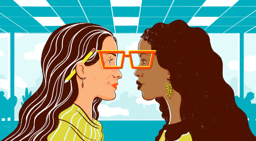 illustration of women face to face at work and one being younger
