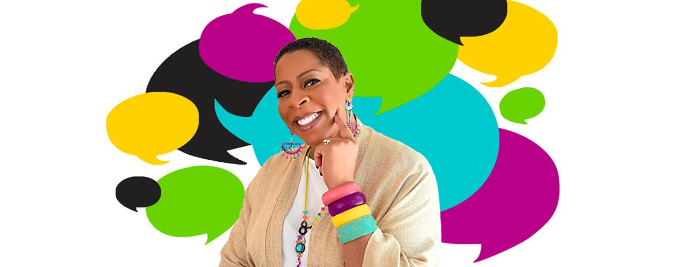 sherry, portrait, colorful, speech, bubbles, in background