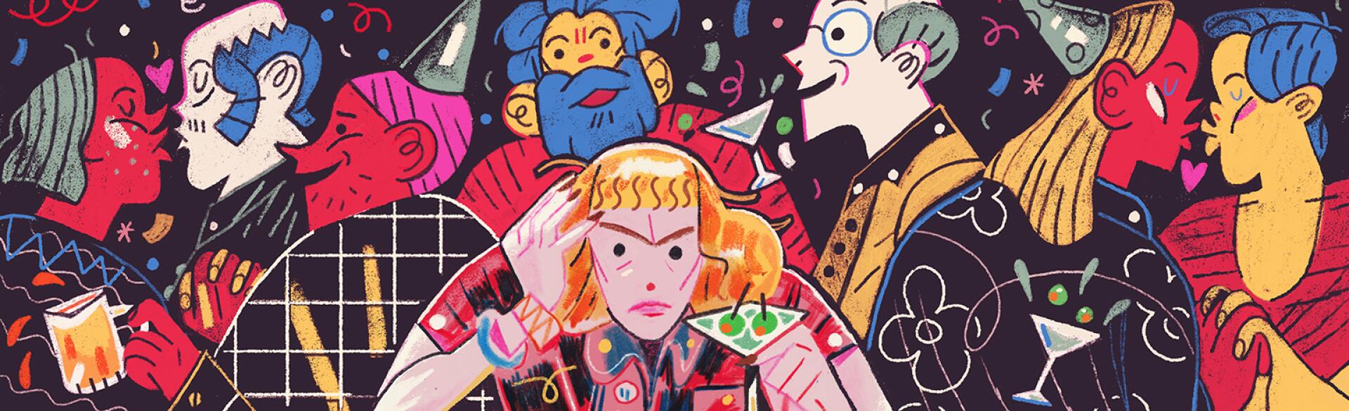 illustration of a woman at a bar one new years eve by herself with couples surrounding her