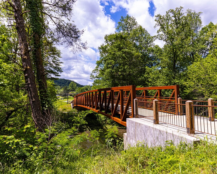 Bridge Over the Little River leading to Vee Hollow Mountain Bike Trails of Townsend, Tennessee