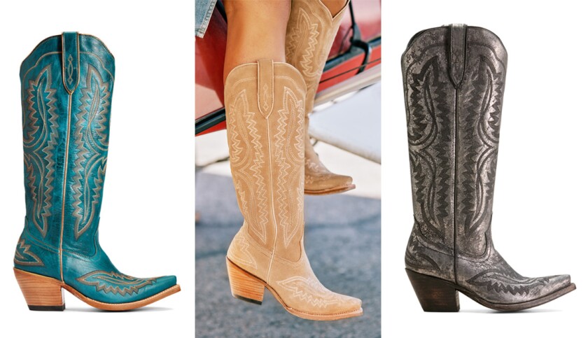 blue cowboy boot, camel cowboy boot, metallic silver cowboy boot