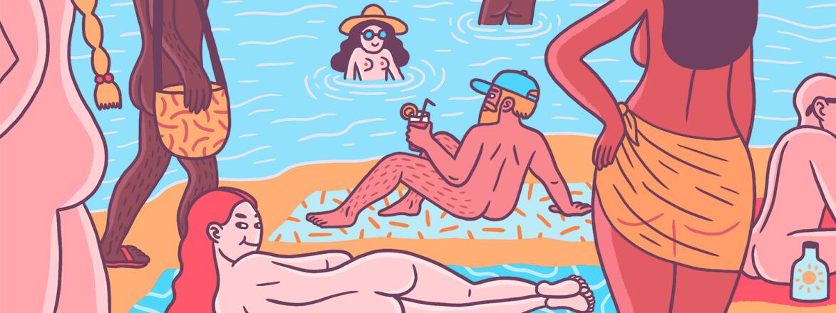 An illustration of several people at the beach on a naked vacation.