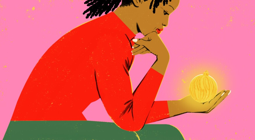 illustration of woman looking upset as she looking at glowing yellow ornament, holiday blues