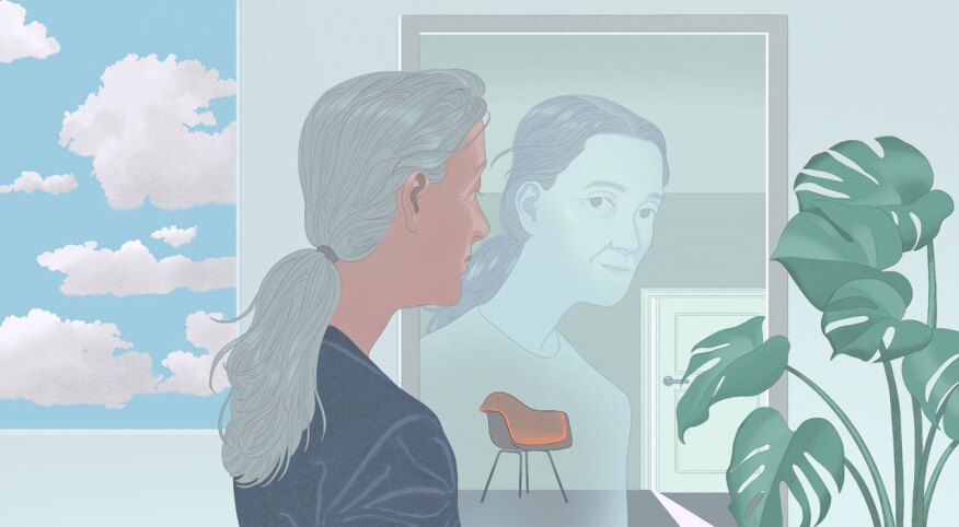 illustration of aging woman seeing her younger self reflected on mirror