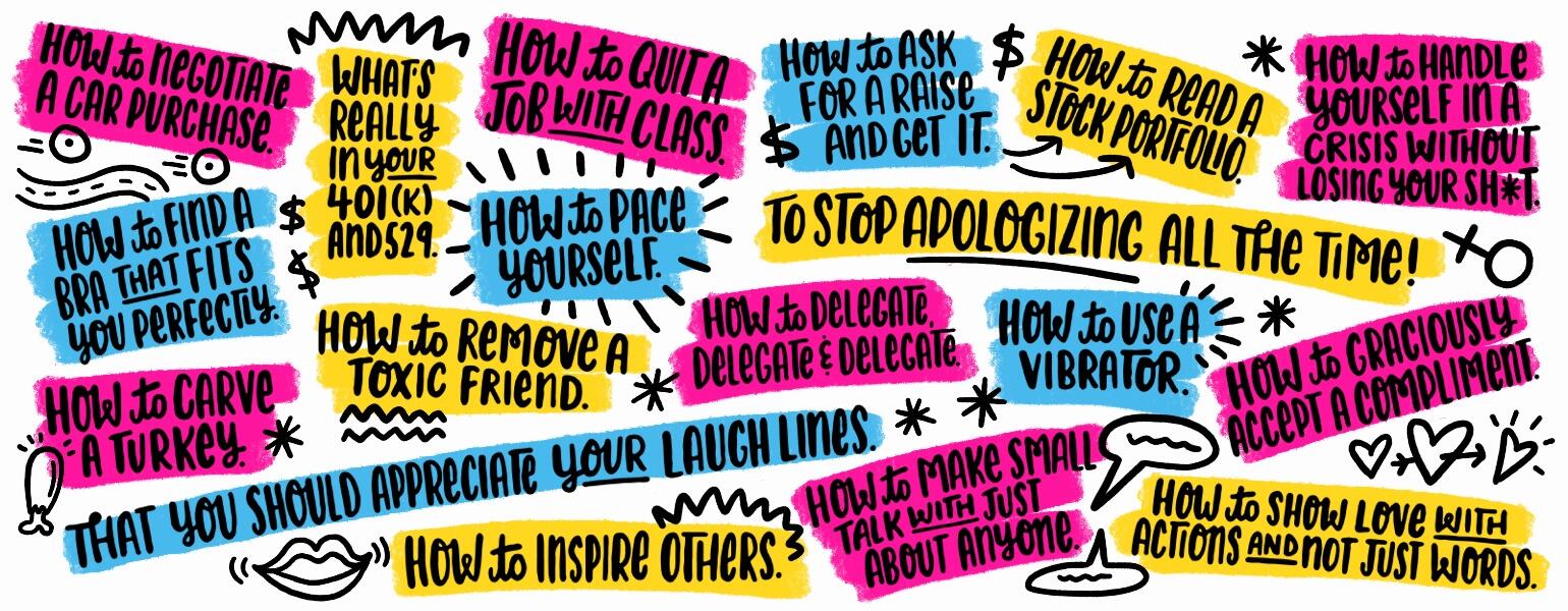 graphic with examples of 40 things women by 40 should know