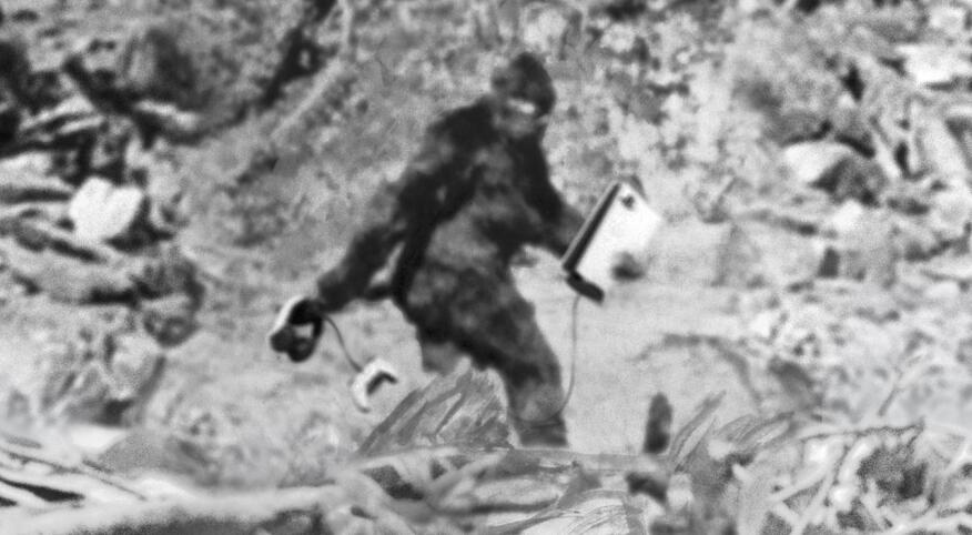 a photo illustration of a sasquatch walking into a forest carrying a playstation 5