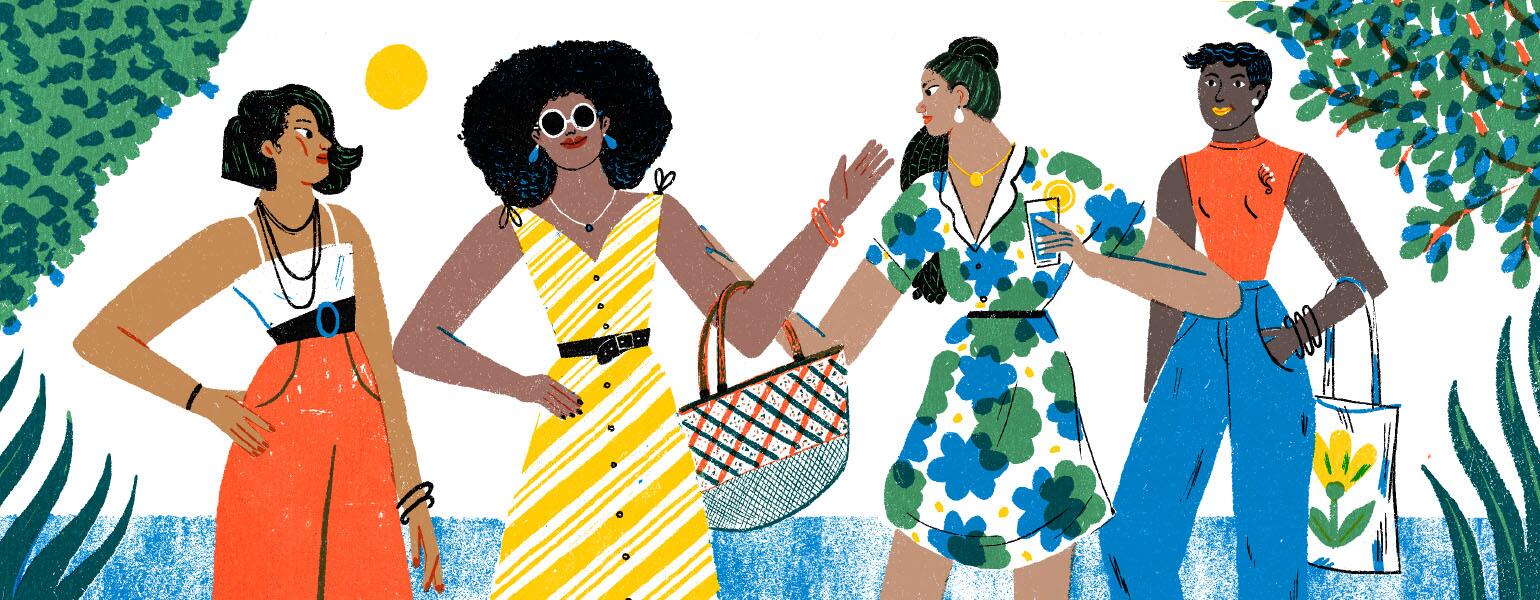 A graphic of four women walking outdoors together.