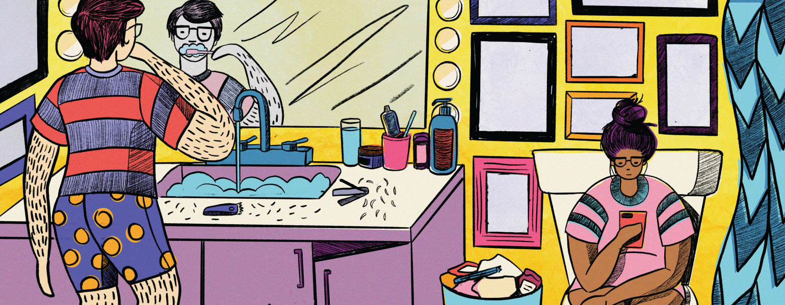 illustration of man brushing his teeth in the mirror while woman is using the toilet