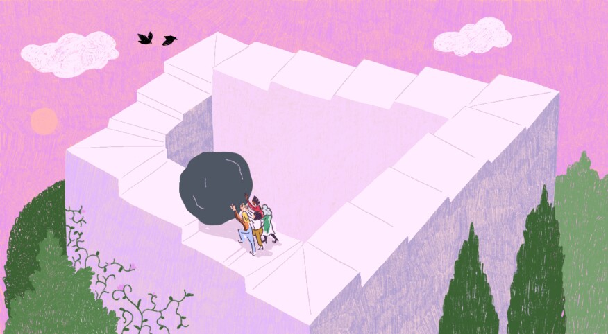 illustration of women walking up stairs and pushing a boulder