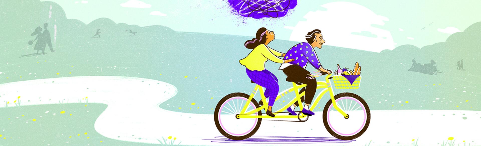 illustration of couple riding a bike with cloud of anxiety over the female by tara jacoby