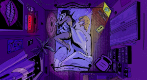 illustration of woman sleeping at night in bedroom