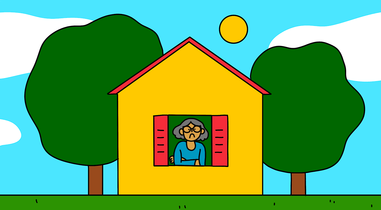gif illustration of moving van leaving a house and returning back, wife is sad about husband moving out and then happy when he returns