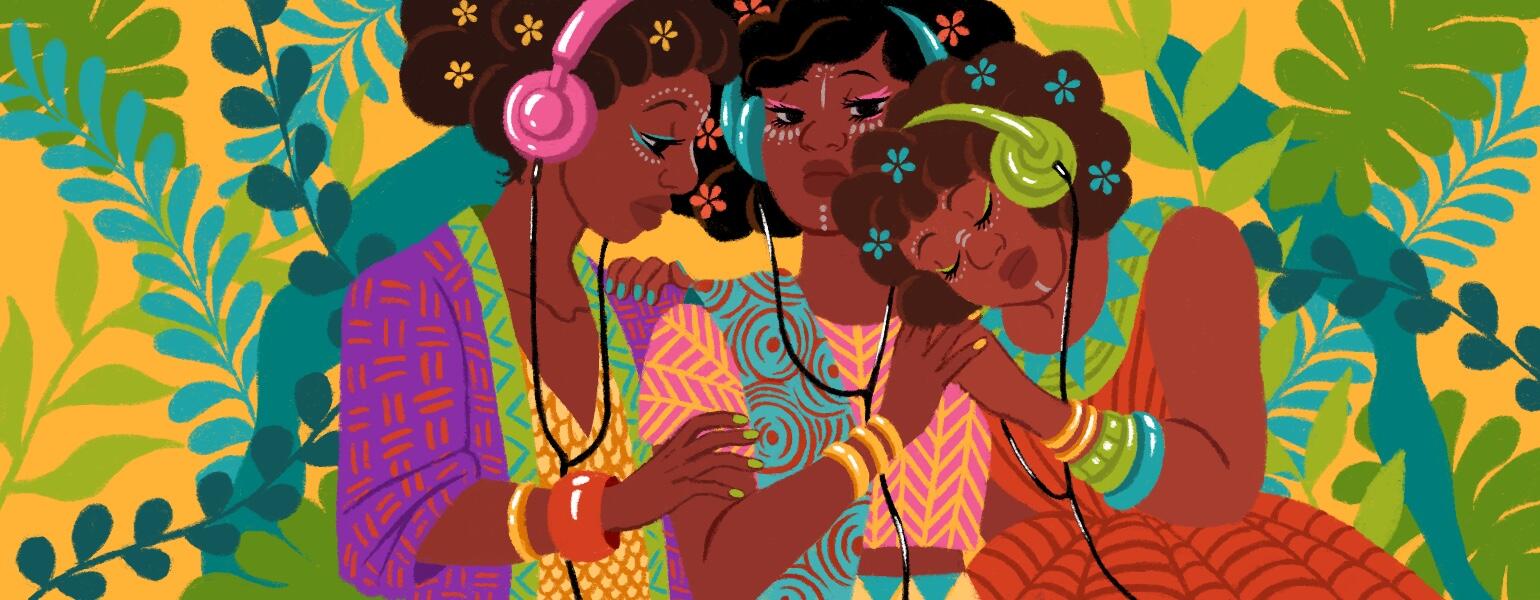 illustration of three ladies hugging and hearing music