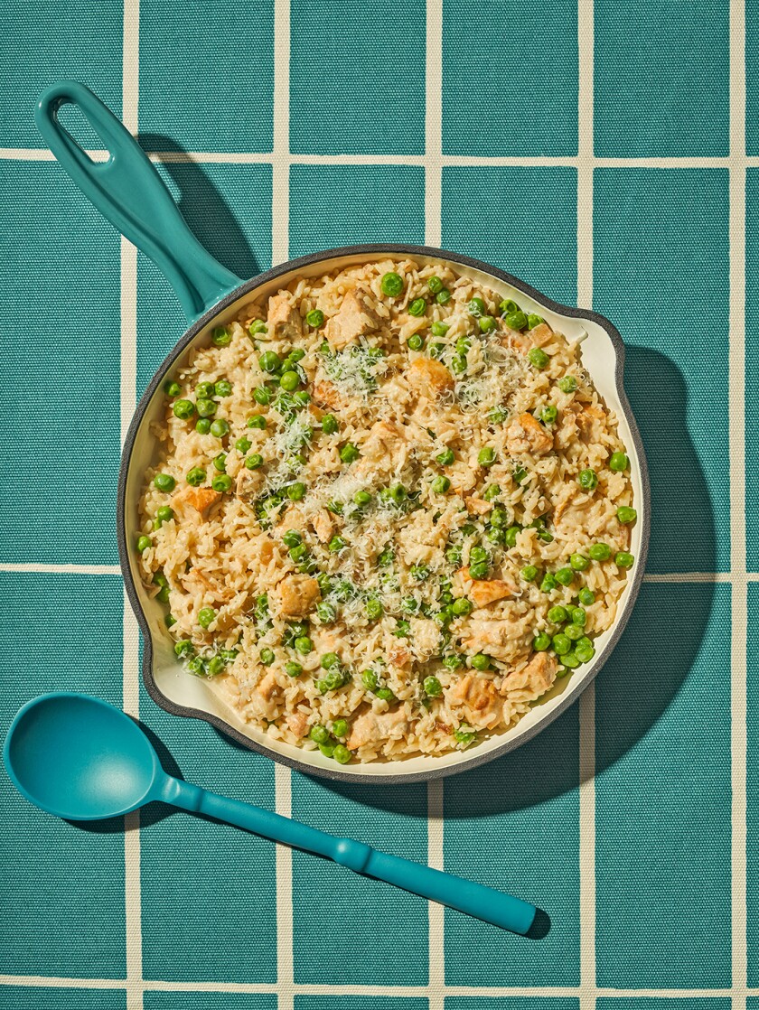 Easy one pot meal chicken and pea skillet seen from above