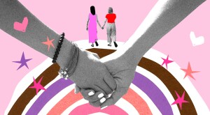 photo illustration collage of two women holding hands, rainbow, and stars