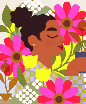 illustration of woman relaxing drinking cup of tea recharging energies before working, rituals, routines