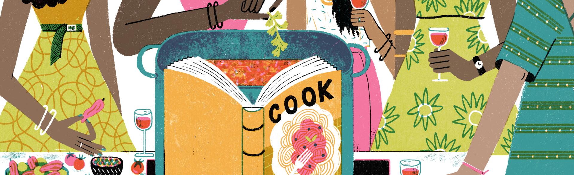 illustration of women drinking wine around a cook book