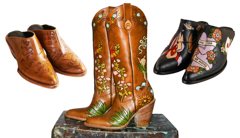 2 mule cowboy boots, one full size cowboy boot, embroidered, leather, feminine