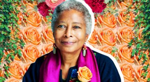 photo collage of alice walker and floral assets