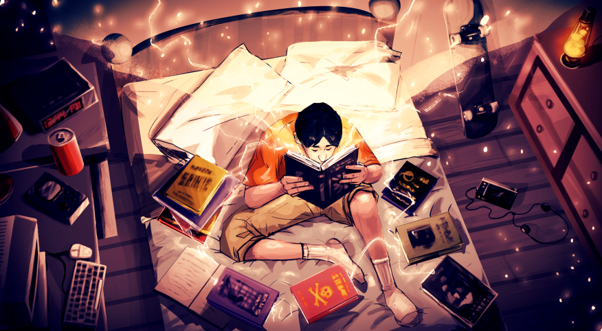 Drawing of a teenager in the 1990s reading a book on a bed