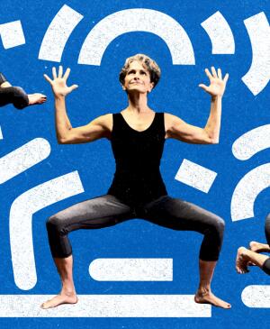 photo collage of women going different yoga poses on blue background