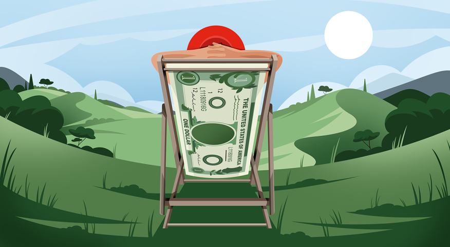 illustration of woman sitting on money chair in nature scene, vacation, travel tips