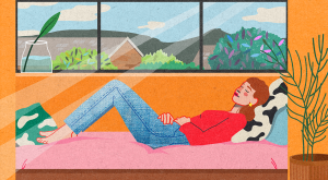 illustration of woman laying down relaxing, alone, loneliness