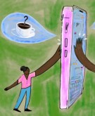 Friendship, app, touching phone, illustration, Danielle Rhoda