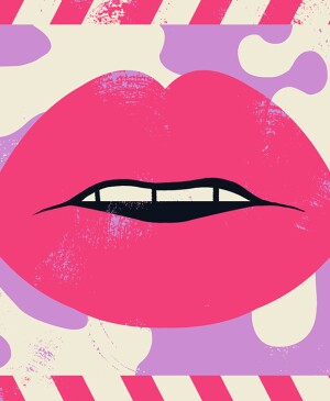 illustration of lips, an eye ball, and a flower, not having sex