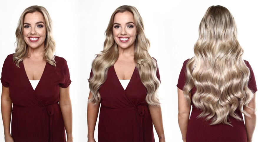 A set of before and after photos of a woman modeling halo hair extensions.