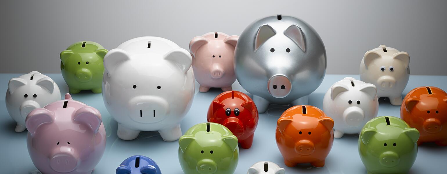 A photo of several piggy banks of various sizes.