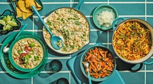 Four easy one pot meals seen above on a teal background
