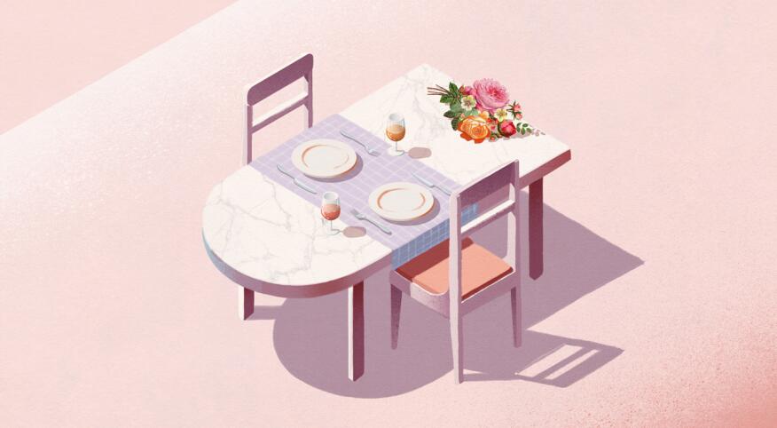 photo concept of dining table cut in half with 2 chairs across from each other