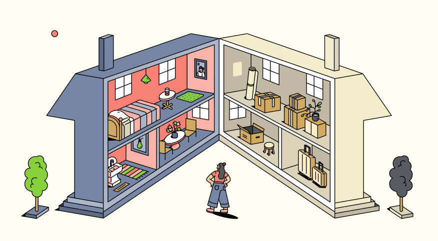 illustration of house split in half, divorce, house settlement