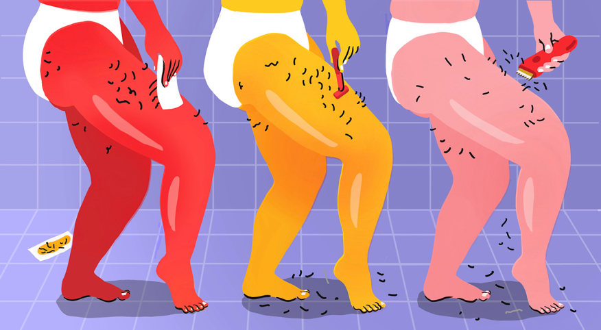 illustration of 3 women shaving their legs and bikini lines using 3 different methods, shaving, waxing, bikini line
