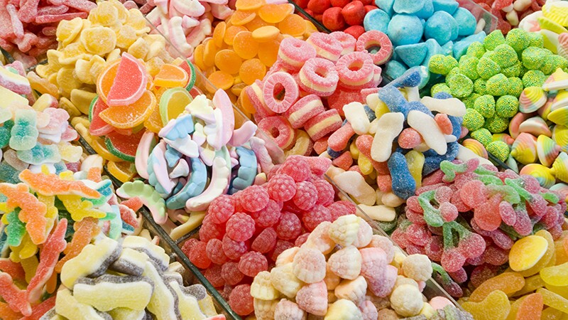 An up-close view of several different types of candy