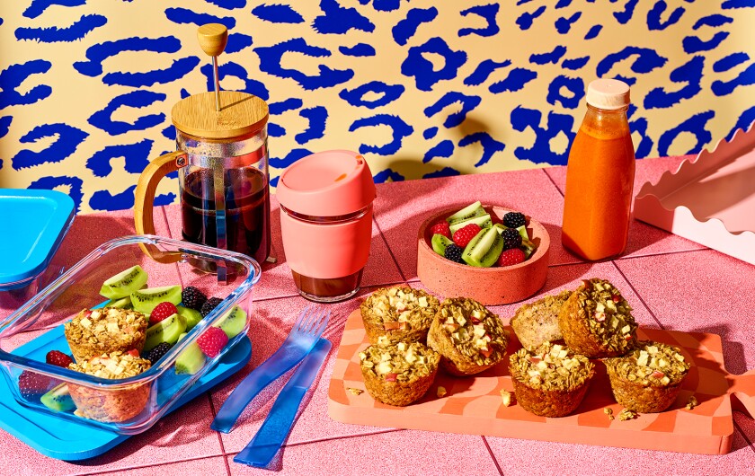  Breakfast to go styled on bright colored surface