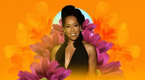 photo collage of regina king in the middle of pink flowers